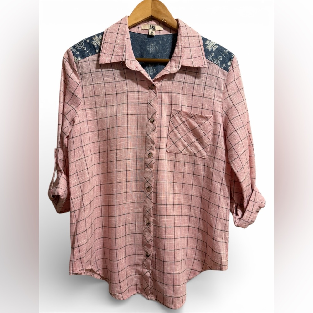 Ya Los Angeles Women’s Pink Plaid Button Down Shirt with Blue Design